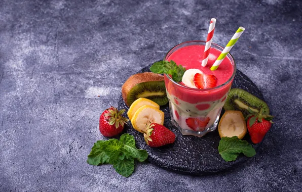 Kiwi, strawberry, bananas, yogurt