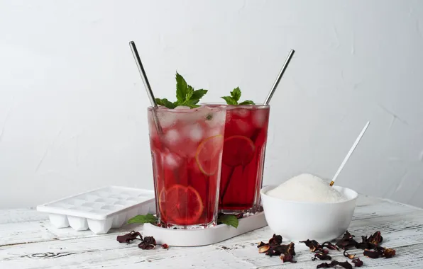 Ice, cocktail, sugar, glasses