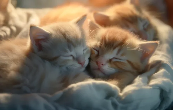 Light, cats, together, sleep, kittens, red, a couple, litter