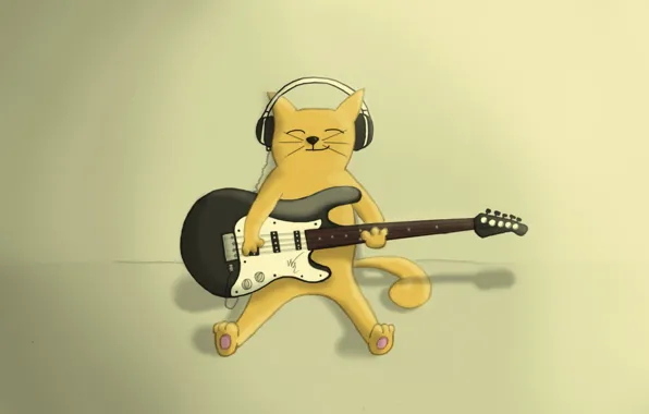 Cat, guitar, headphones, plays, grin