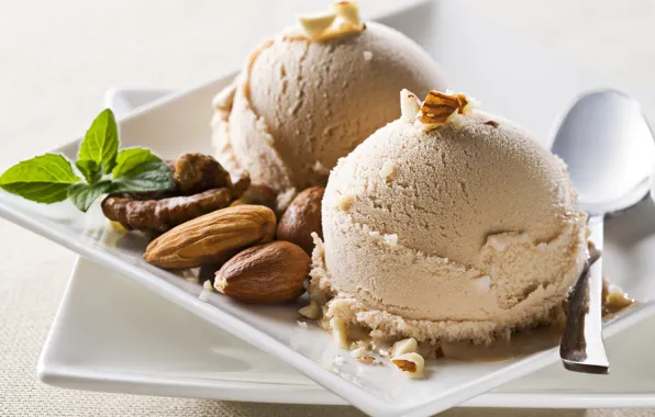 Ice cream, mint, dessert, nuts