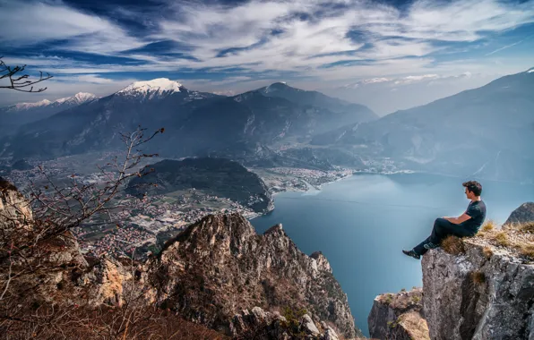 The sky, clouds, mountains, the city, lake, rocks, valley, male