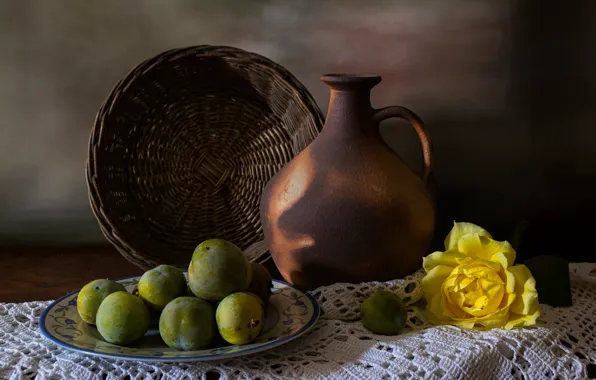 Flower, the dark background, table, rose, green, pitcher, fruit, still life