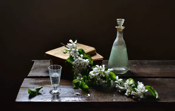 Drops, flowers, table, books, bottle, branch, spring, alcohol