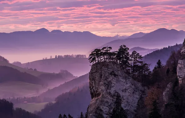 The sky, clouds, trees, mountains, rock, house, valley