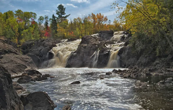Picture autumn, forest, the sky, clouds, trees, river, stones, rocks