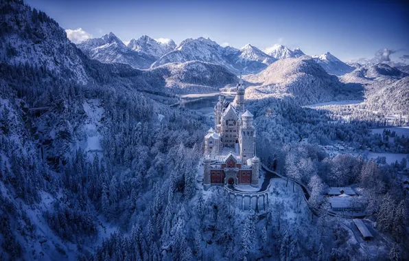 Winter, forest, mountains, castle, Germany, Bayern, Germany, Bavaria