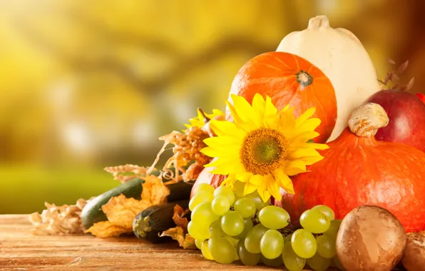 Picture autumn, apples, mushrooms, harvest, grapes, pumpkin, fruit, vegetables