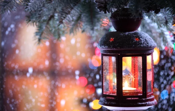 Picture winter, snow, snowflakes, tree, candle, branch, flashlight, candle holder