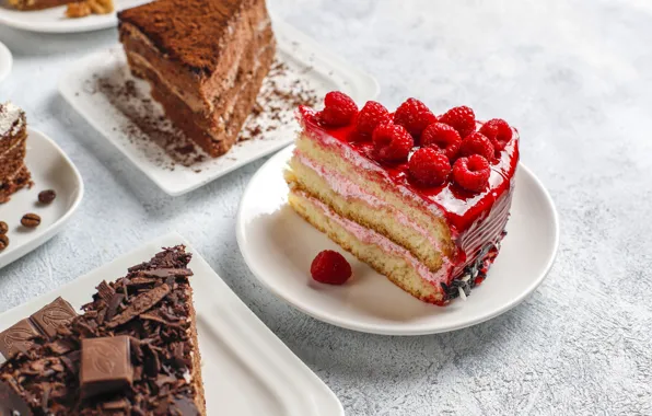 Picture berries, raspberry, table, chocolate, plate, cake, cake, light background