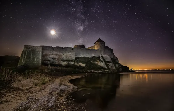 Night, the moon, stars, Ukraine, Ackerman, Dniester estuary, Belgorod-Dnestrovskiy fortress