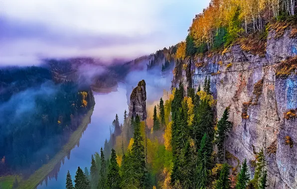 Trees, fog, river, rocks, beauty, space, haze, September