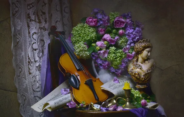 Flowers, notes, woman, violin, candle, fabric, pitcher, still life