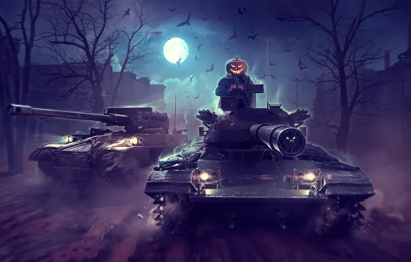 Picture night, the moon, Halloween, Halloween, WoT, World of Tanks, Wargaming, by Sergey Avtushenko