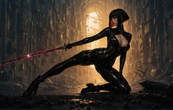 Light, pose, magic, sword, brunette, latex, bust, digital art