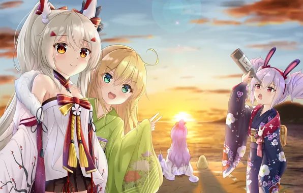 Sunset, girls, Ayanami, Laffey, Unicorn, Azur Lane, Manjuu, Albacore