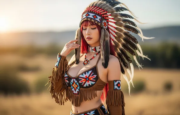 Picture cleavage, redhead, asian, outdoors, native americans, AI Art