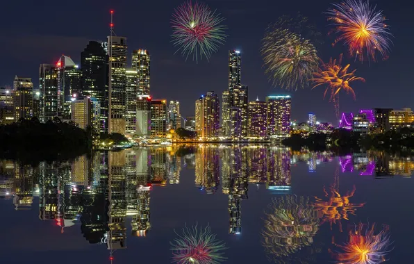 Picture night, lights, reflection, home, salute, Australia, fireworks, Brisbane