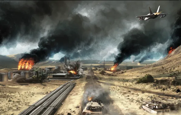 Picture the plane, fire, war, plant, desert, Battlefield 3, Operation Firestorm