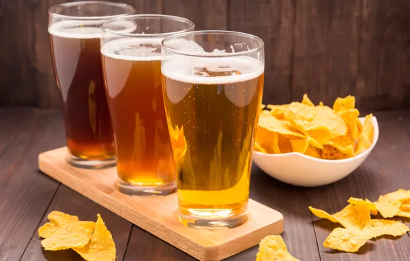 Beer, Cup, three, glasses, Board, chips
