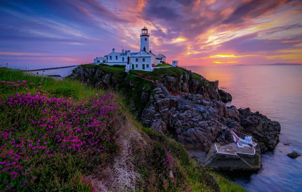 Sea, landscape, rocks, dawn, lighthouse, morning, Ireland, Donegal