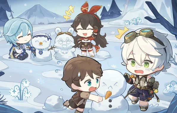 New year, snowman, Amber, Genshin Impact, Bennett, Aeolus