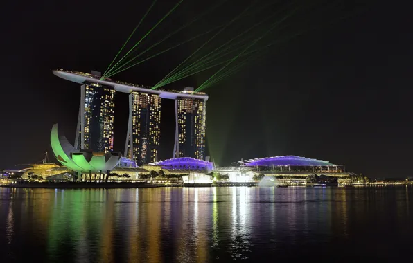 Lights, The city, Rays, Skyscraper, Singapore, Night Landscape