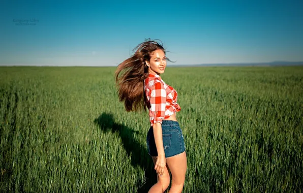 Picture girl, grass, shorts, sky, long hair, legs, field, photo