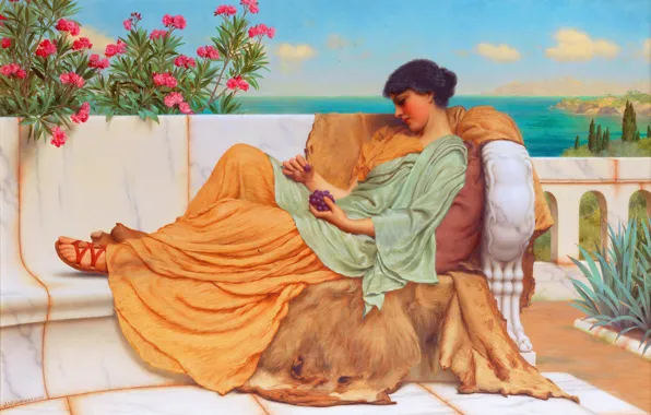 Picture Sea, Girl, Picture, Dress, John William Godward, John William Godward, Sweet idleness, English neoclassical artist