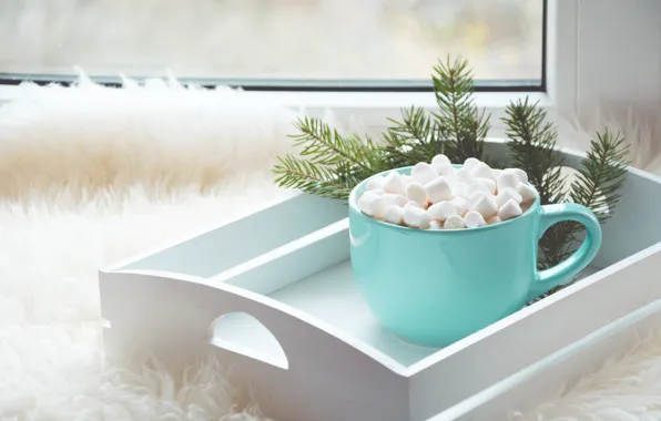Coffee, window, Cup, fur, tray, marshmallows, Svetlana Cherruty