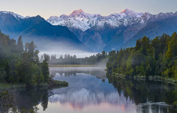 Picture forest, mountains, fog, lake, New Zealand, Lake Matheson, John Leathwick
