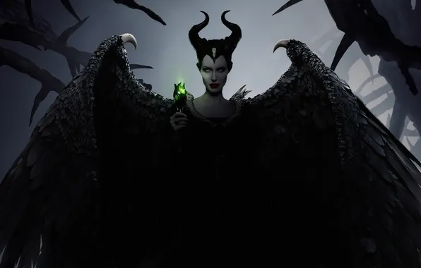 Wings, Angelina Jolie, Angelina Jolie, fantasy, art, horns, Maleficent, Maleficent