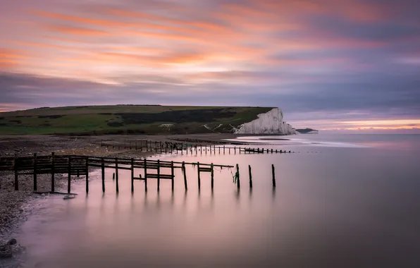 Sea, the sky, clouds, rocks, shore, dal, the evening, columns