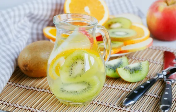 Apple, orange, kiwi, pitcher, sangria