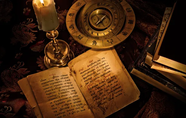 Picture the inscription, books, candle, compass, the signs of the zodiac, Harry Potter