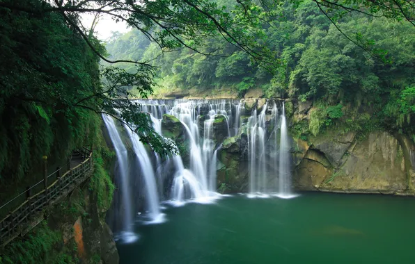 Greens, landscape, nature, waterfall