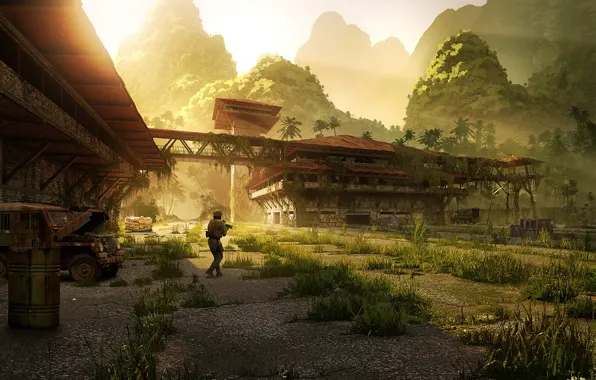 Mountains, construction, warrior, the foot, Abandoned Base