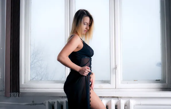 Lights, house, black, dress, legs, window, blonde, breasts