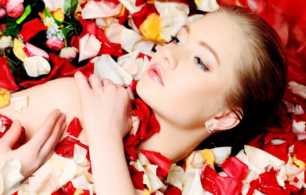 Picture flowers, face, hands, petals, brown hair, colorful