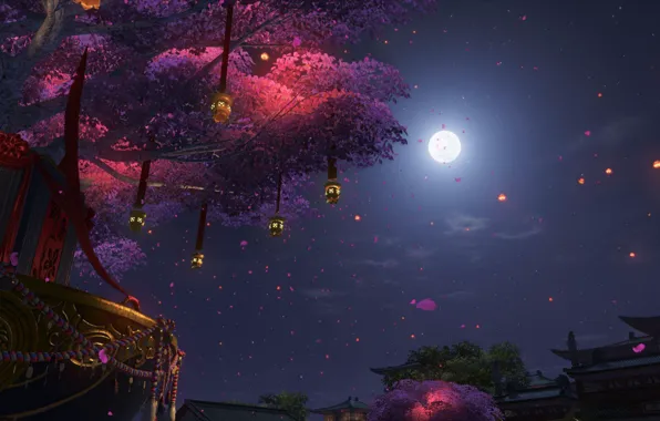 Trees, night, the moon, home, Sakura, lanterns, flowering, by Hy vọng