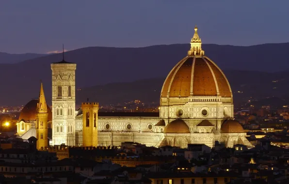 The sky, mountains, night, lights, home, Italy, Florence, Duomo
