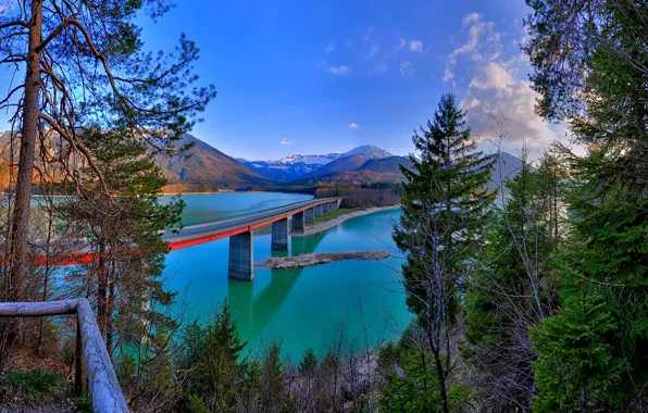 Landscape, mountains, bridge, nature, lake, Germany, Bayern, Alps