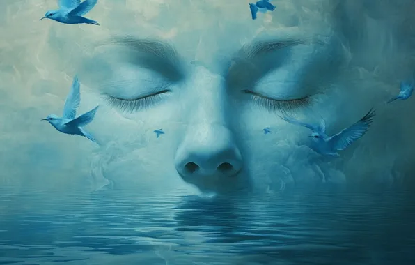 Water, girl, birds, face, blue, fantasy, blue, blue background