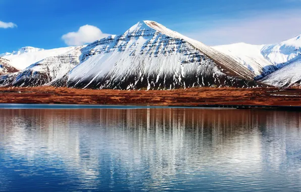 The sky, water, clouds, reflection, mountain, Iceland, The mountain