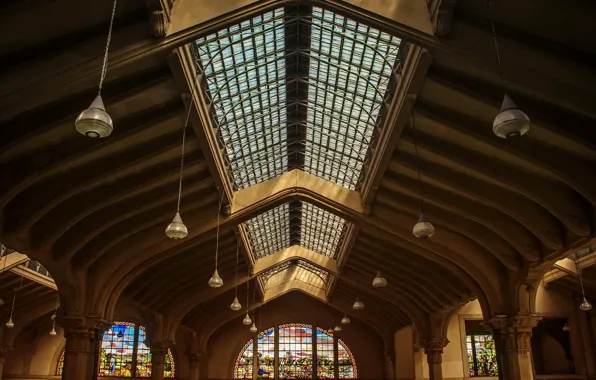 The ceiling, lamp, stained glass, Brazil, Sao Paulo, municipal market