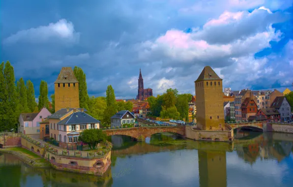 River, France, tower, bridges, Strasbourg, France, Strasbourg, Covered Bridges