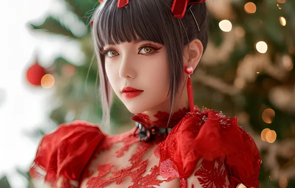Look, girl, decoration, holiday, new year, makeup, brunette, Christmas