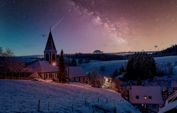 Winter, landscape, night, nature, home, stars, lighting, Church