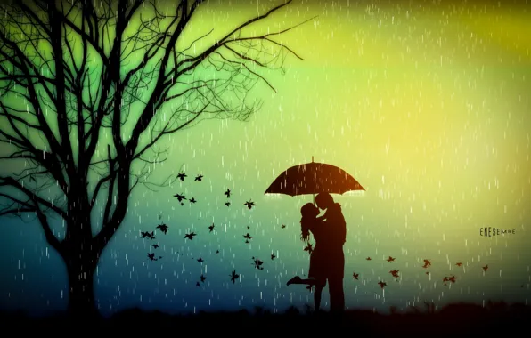Picture autumn, leaves, love, rain, tree, mood, romance, umbrella