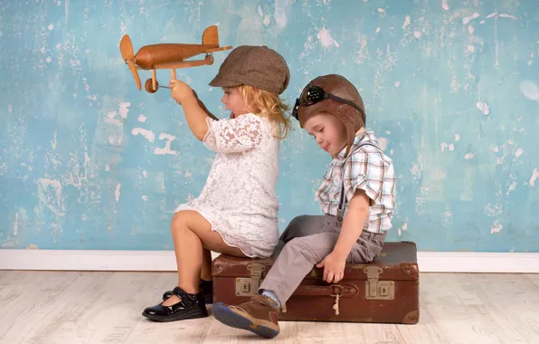 Children, the plane, toy, the game, boy, girl, helmet, cap